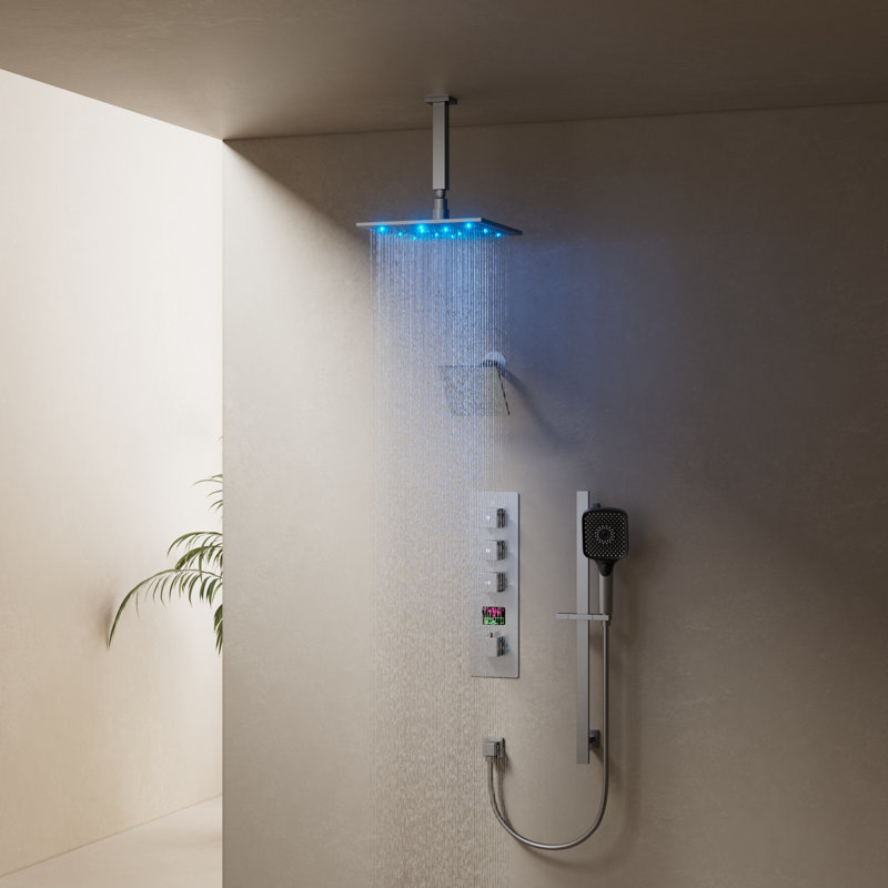 Thermostatic Digital Dual Shower System Set, 12" LED Rainfall Shower Head with 4-Function Hand Shower, Brushed Nickel