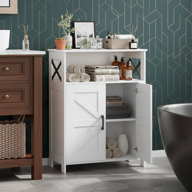 23.6" Wide Farmhouse Bathroom Storage Cabinet With Adjustable Shelves And Barn Doors - White, White