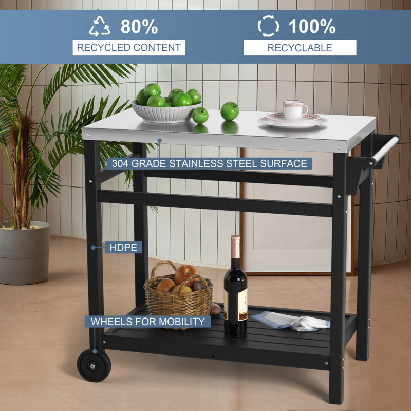Outdoor Grill Table Cart with Stainless Steel Top&3-Shelf, Black, 33" H x 34" W x 19" D