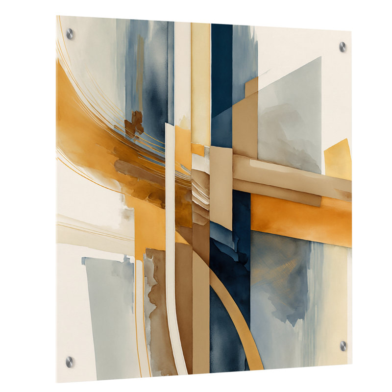 Abstrait moderne moderne bleu et or - art mural abstrait transitionnel en acrylique pour le salon, H 20 po x l 12 po