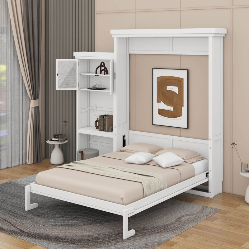 Grand lit escamotable avec plusieurs tablettes de rangement, Blanc
