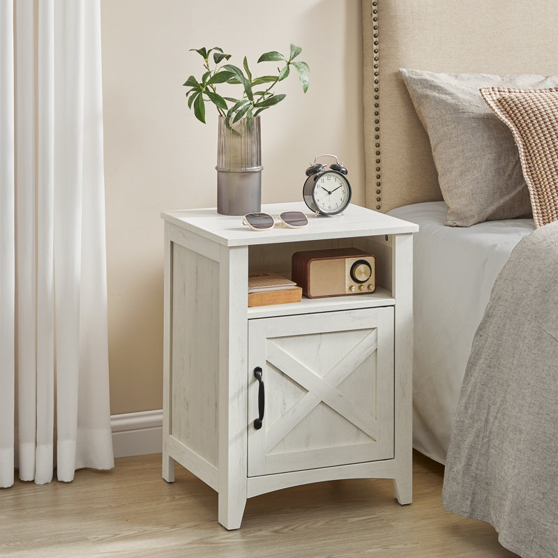 Bauman Farmhouse Nightstand, Bedside Table with a Cabinet and Open Compartment, White