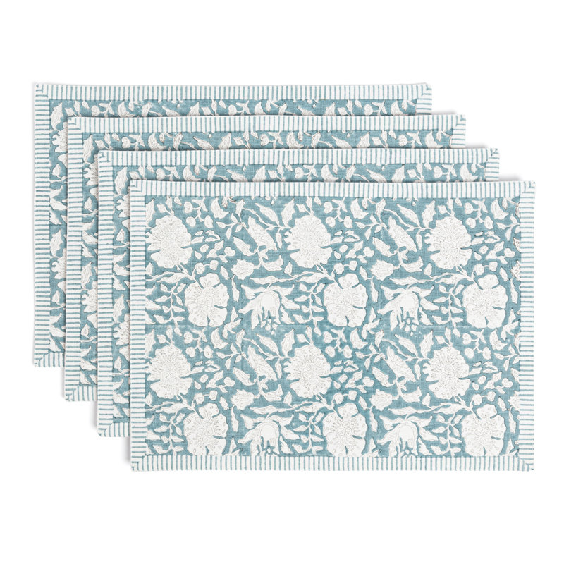 Blue Floral Hand-Blocked Cotton Placemats Set of 4