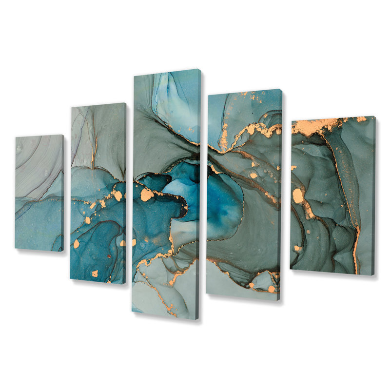 Marbre infusé d'or turquoise - peinture sur toile tendue 5 pièces
