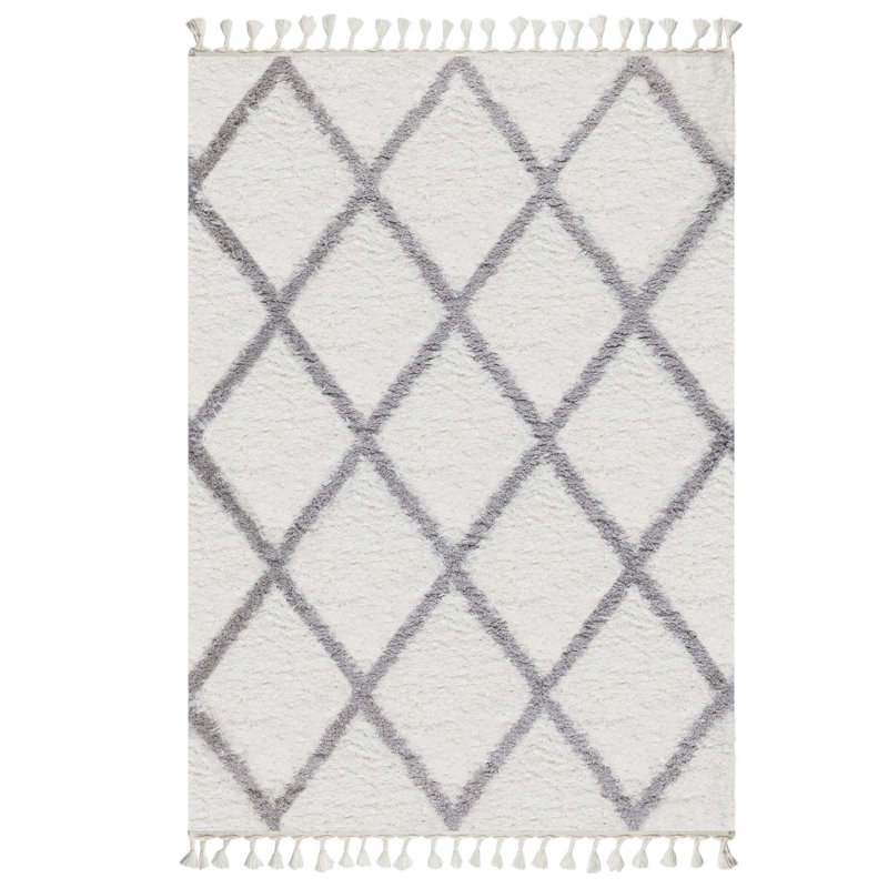 Tapis géométrique rectangulaire en polyester tissé à la machine blanc / gris Nido, Rectangle 6 pi 7 po x 9 pi 6 po
