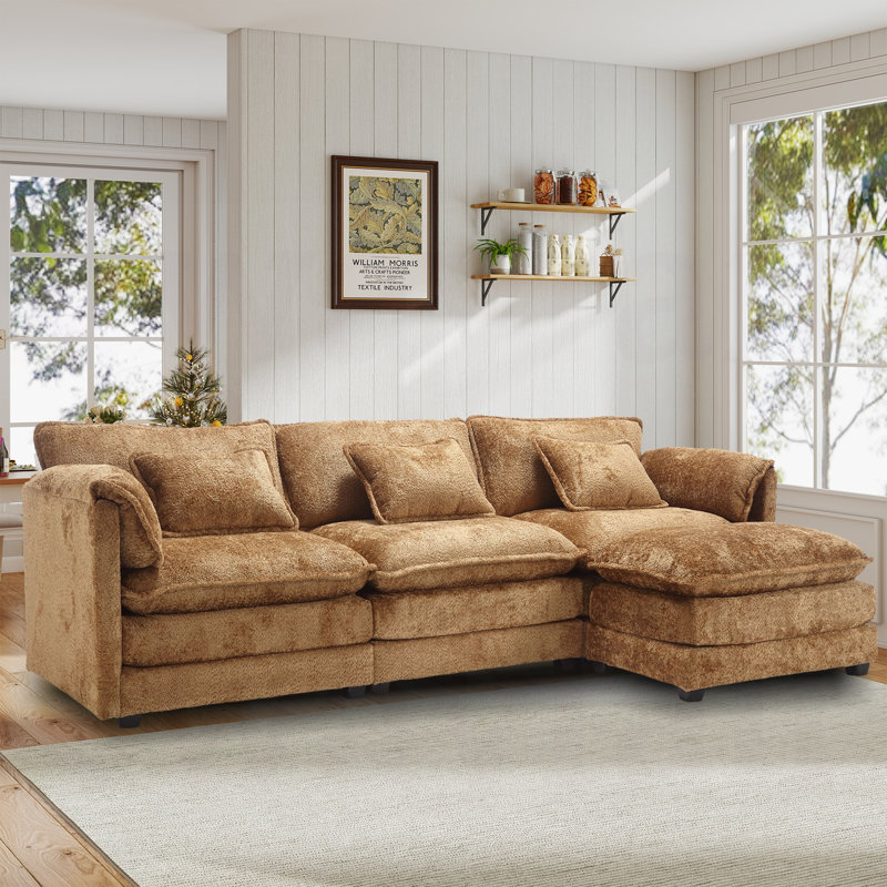  Chifley Brown Chenille Modular Couch L Shaped Sectional Sofa with Ottoman, Reversible., Brown Chenille