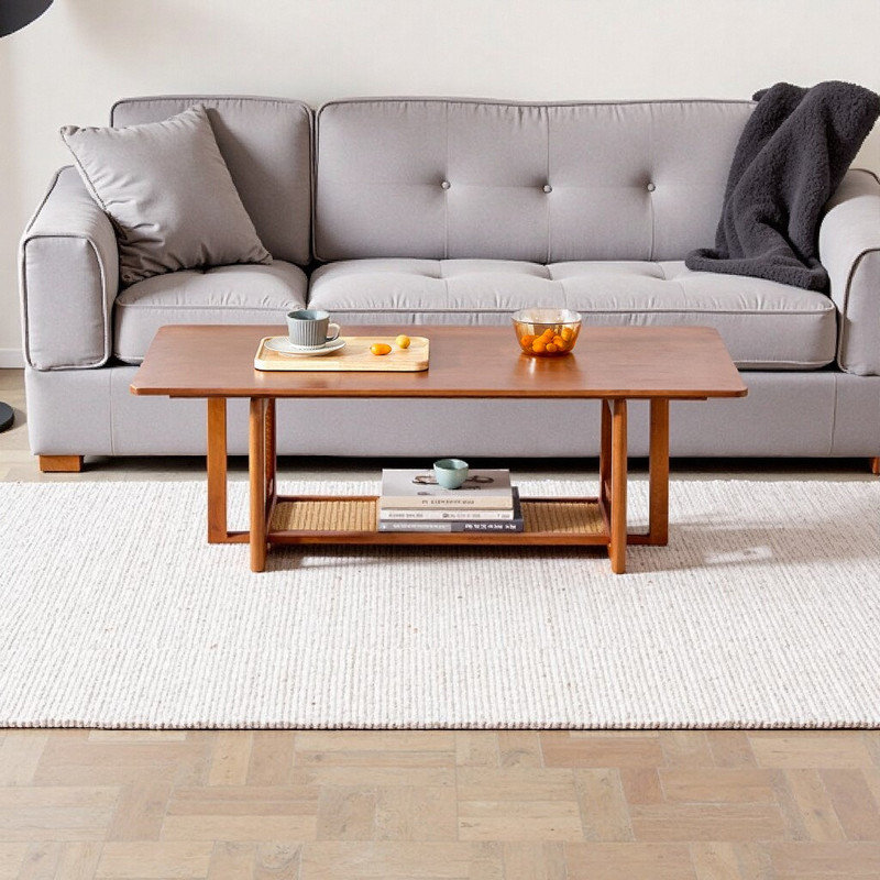 Table basse rectangulaire en bois massif avec accent de rotin profil bas 45,3 pouces