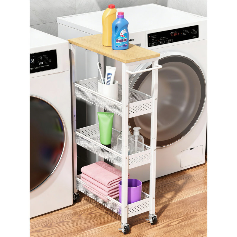 4-Tier Slim Rolling Storage Cart With Wood Top, Narrow Mobile Shelf Unit For Kitchen Bathroom