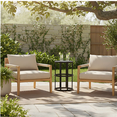 Set of 2 Acacia & Beige Rope Lounge Chairs with Grey Ceramic Tile Side Table