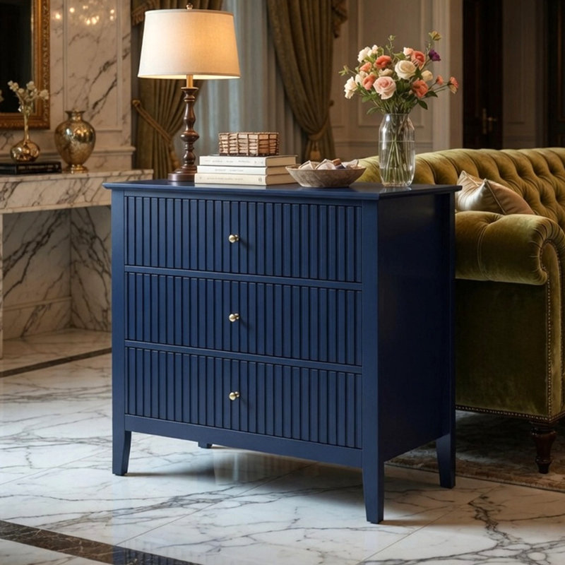Table de chevet 3 tiroirs, grande table de bout moderne pour chambre à coucher, Blue