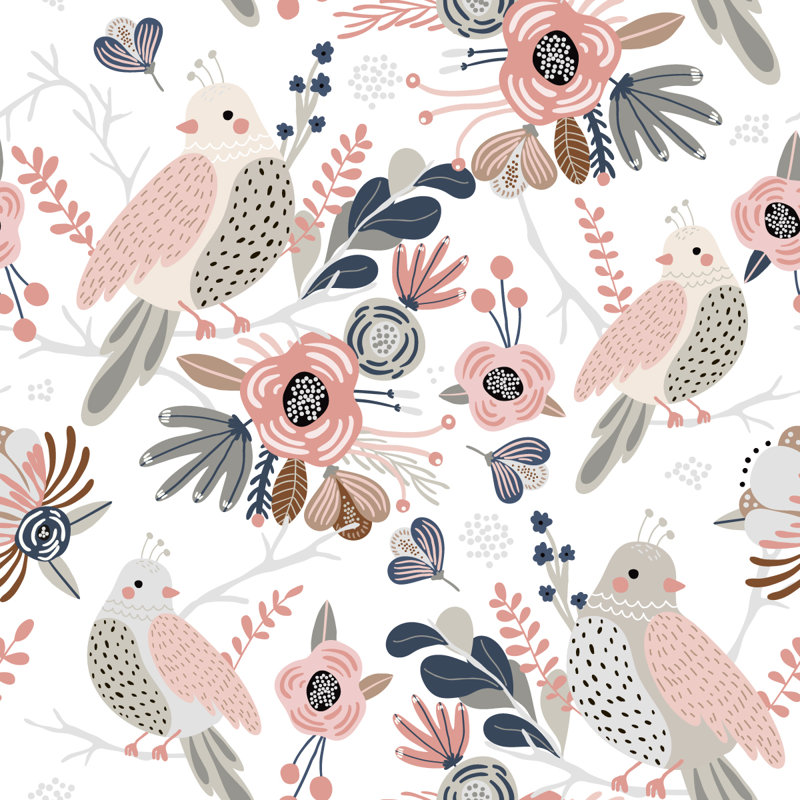 Panneau de papier peint adhésif fleurs et oiseaux L 18,75 pi x l 25 po, L 124,8 po x l 25 po