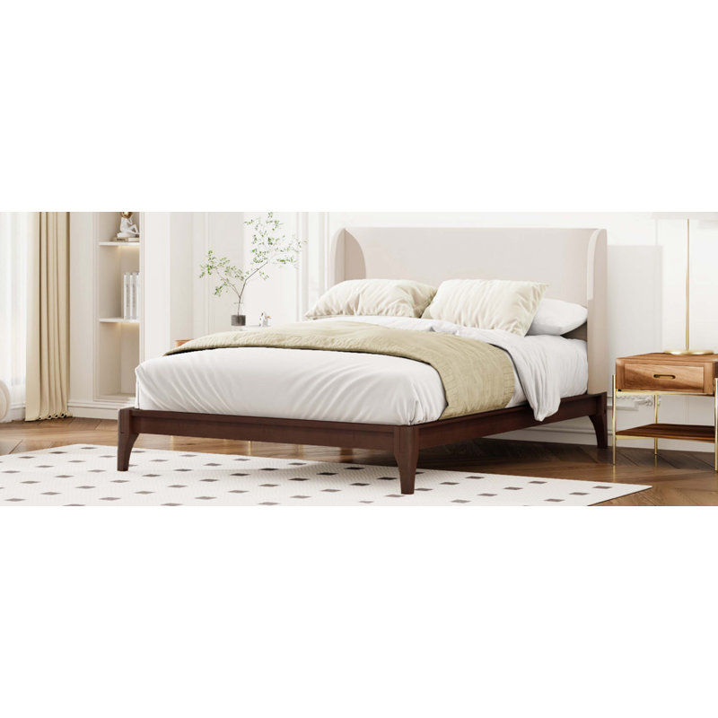 King Size Solid Dry Bamboo Wood 12 Inch Platform Bed with 48" Upholstered High Headboard
