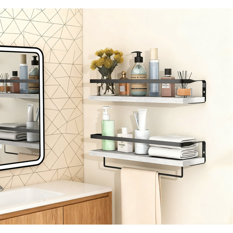 Tablettes flottantes avec barre à serviettes, tablettes de rangement murales pour la salle de bain, cuisine, chambre à coucher, avec cadre en métal, ensemble de 2