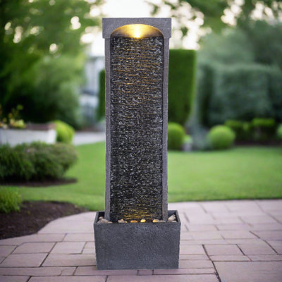 Fontaine de cascade incurvée Barcot de 38 po pour intérieur/extérieur avec éclairage DEL, imitation ardoise