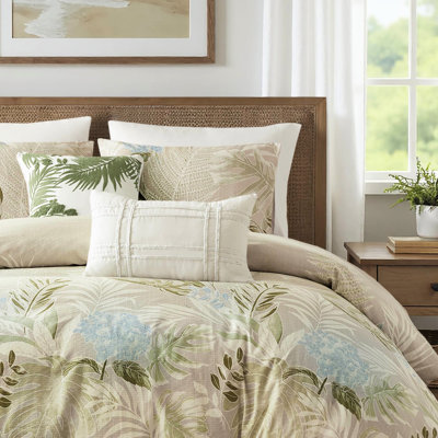 Housse de couette en coton très grand / très grand - imprimé tropical en bleu et coussins tricotés brodés, lavage à la machine 5 pièces pour la taille bord de mer, attaches intérieures en tissu