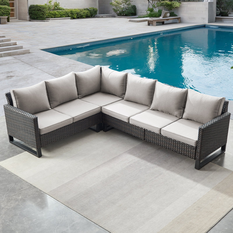 Canapé modulaire d'extérieur en osier de largeur 105,1 po avec coussins Nazime, Beige, Brun