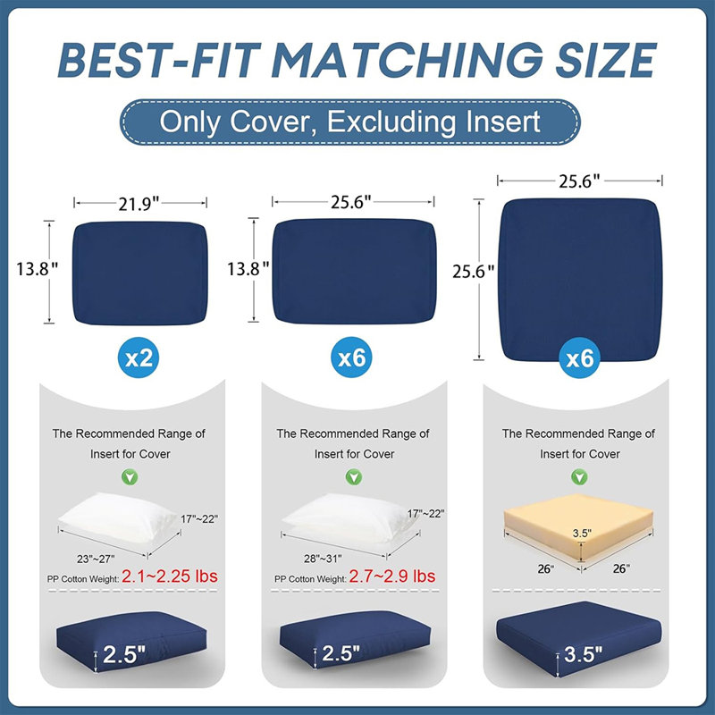 14 Pack Outdoor Cushion Covers Set, Waterproof Patio Cushion and Pillow Replacement Slipcovers for 7-Piece 6-Seater Wicker Rattan Outdoor Furniture Sofa (Covers Only)