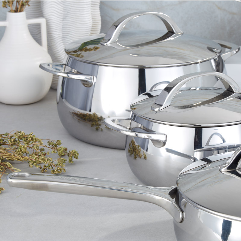 Batterie de cuisine BergHOFF Belly Tri-Ply 10 pièces en acier inoxydable 18/10 avec couvercles, Stellar, Stellar