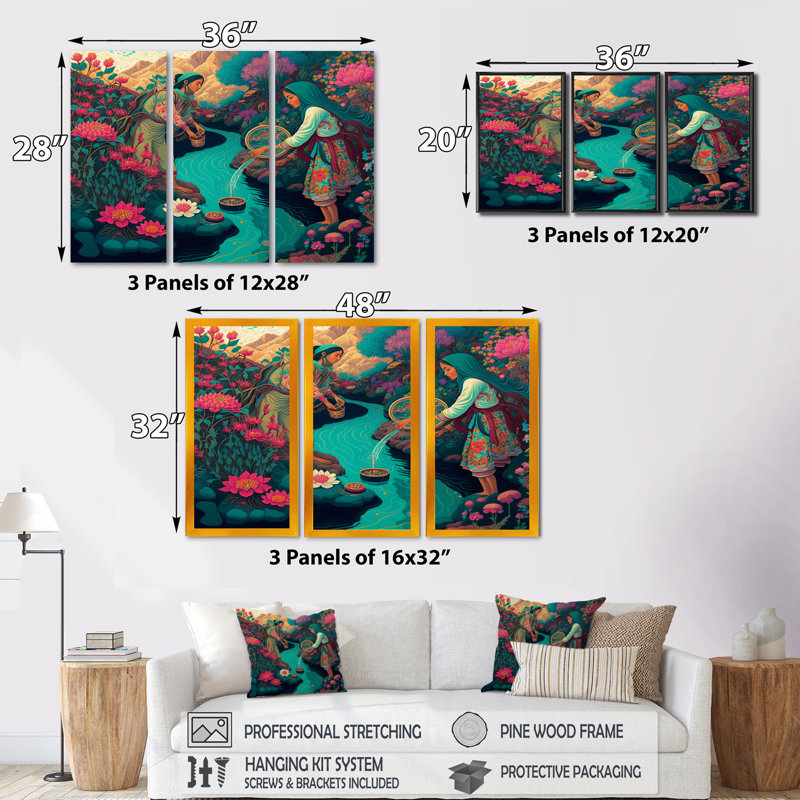 «South American Villagers By The River», reproduction sur toile 3 pièces, H 32 po x l 48 po x P 1 po, Toile encadrée noire