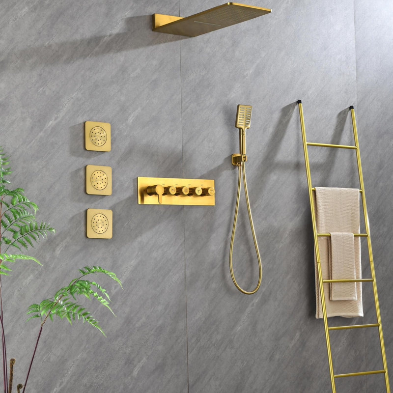 Wall Mounted Waterfall Shower System with Bodysprays, Gold