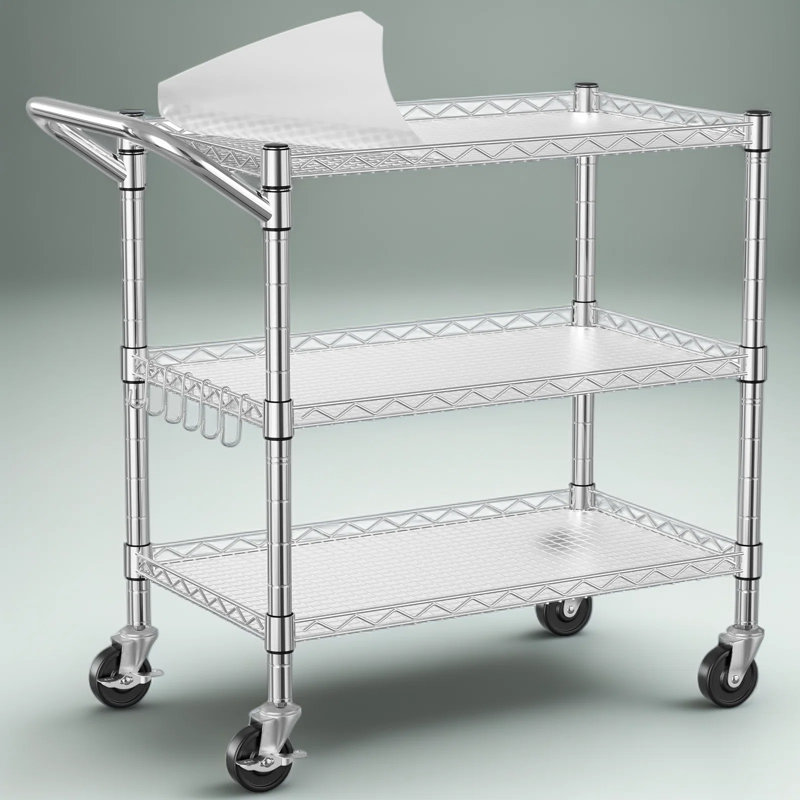 Chariot utilitaire roulant robuste à 3 niveaux, capacité de 450 kg (990 lb), certifié NSF, en métal, avec poignée et revêtements d'étagères, idéal pour la cuisine, le restaurant, le garage et le bureau.
