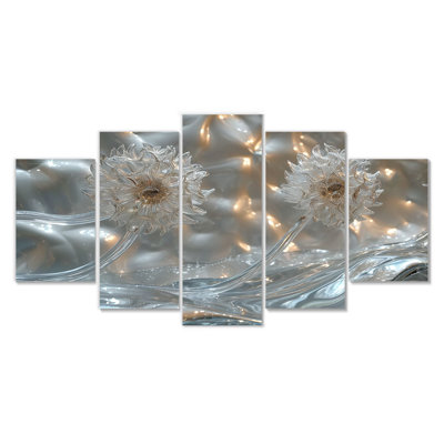 Sparkling Silver Dandelion Dreams II - Pissenlit, ensemble de 5 décorations murales