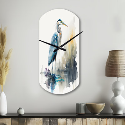 Cute Heron In A Lake Floral Art III - Heron Asymmetrical Metal Clocks, Modern Cylinder Metal Wall Clock Print