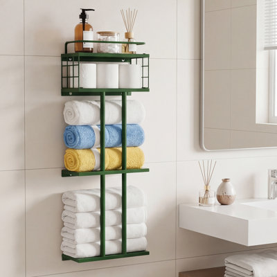 3 Tier Towel Rack Wall Mounted, Metal Bathroom Rolled Towel Storage with Shelf