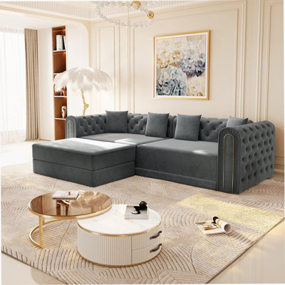 90.6-Inch 3-In-1 Convertible Sleeper Sofa With Movable Ottoman, Button Tufting, And Gold Trim For Multi-Functional Modern Living.