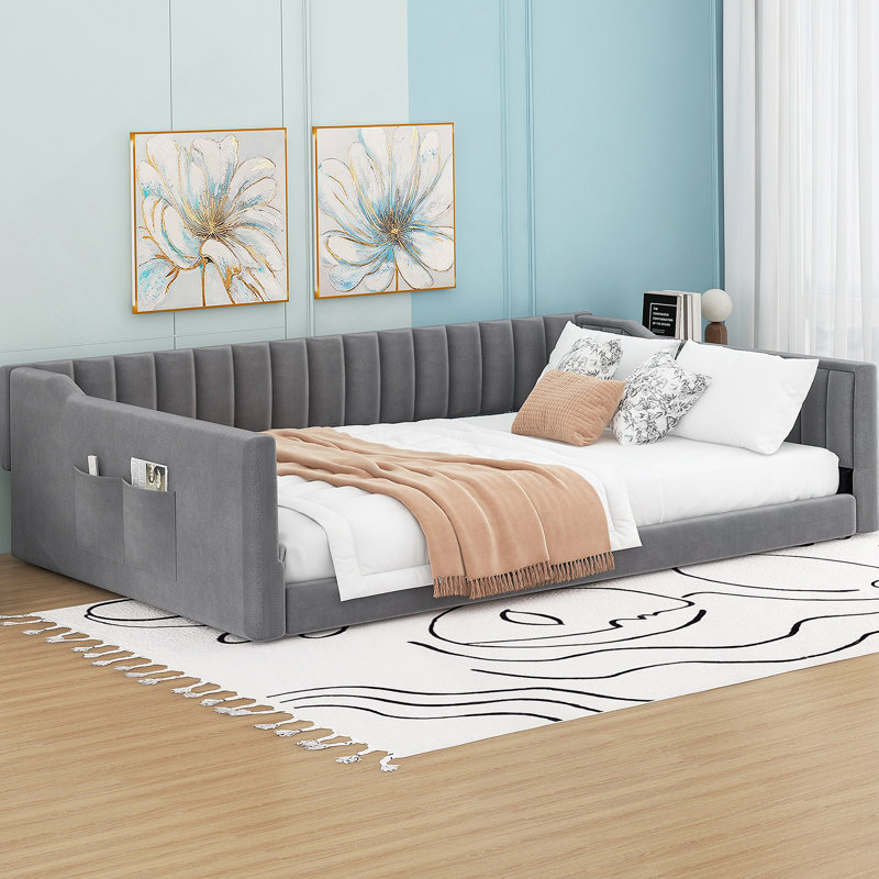 Full XL Size Upholstery Daybed And Side Storage Pocket,Gray, Gray