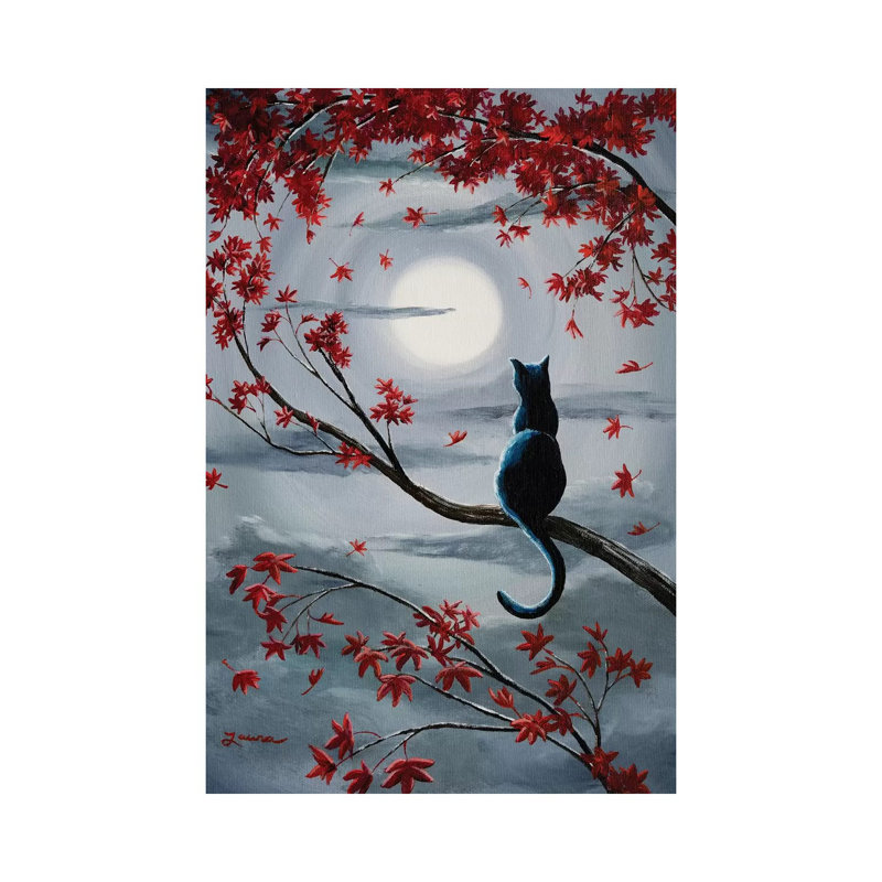 Chat noir au clair de lune argenté - impression sur toile tendue, H 12 po x l 8 po x P 0,75 po, Toile tendue
