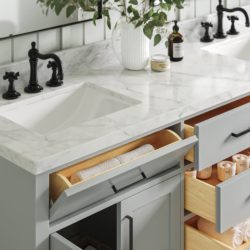 Tidworth Solid Wood Double Bathroom Vanity with 1.5' Carrara Marble Top, Gris, Noir mat, Forme rectangulaire