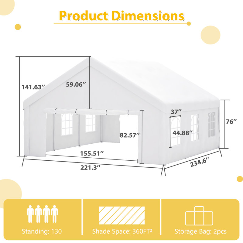 Tente de réception de fête avec sacs de rangement, H 12 pi x l 20 pi x P 20 pi