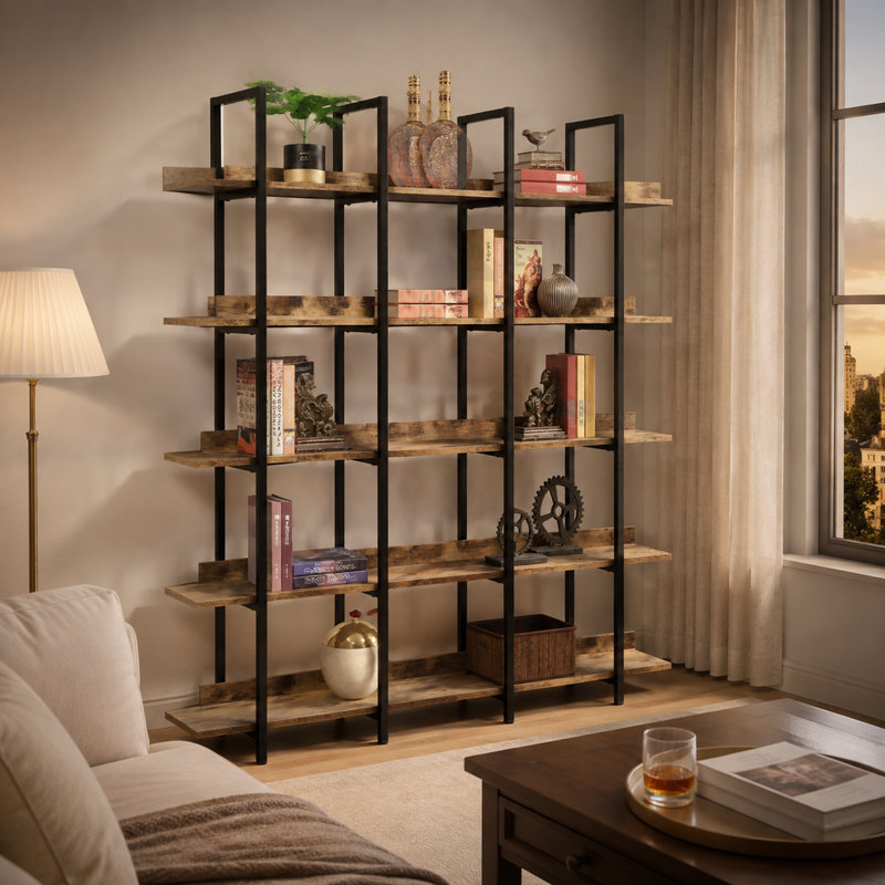Bibliothèque industrielle vintage à 5 niveaux, étagères ouvertes en MDF avec structure métallique pour le rangement à domicile ou au bureau