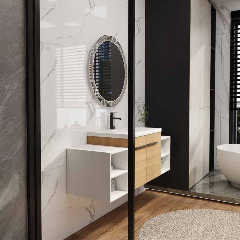Meuble-lavabo de salle de bain avec lavabo en résine, fixation murale et deux tablettes de rangement, 30"