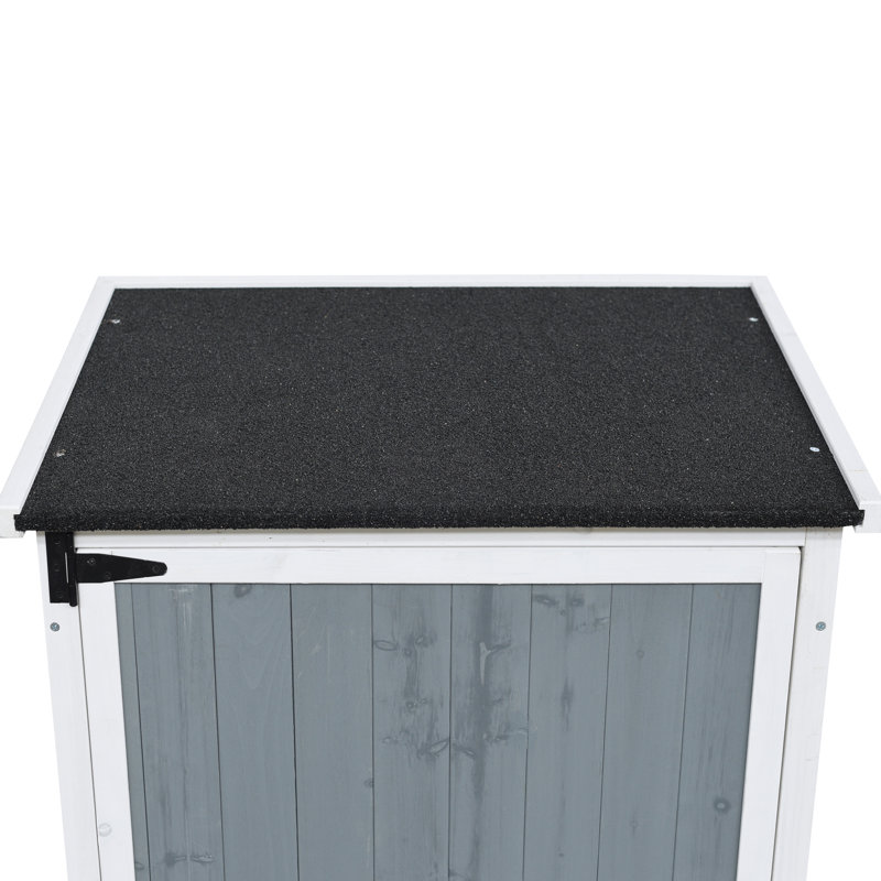 Remise de rangement de 54 pouces en gris et blanc à deux tons, accès par une porte sécurisée, organisation intérieure avec 5 compartiments pour les outils de grande taille de 54 po avec agencement de couleurs, drainage de l'eau sur le toit incliné et