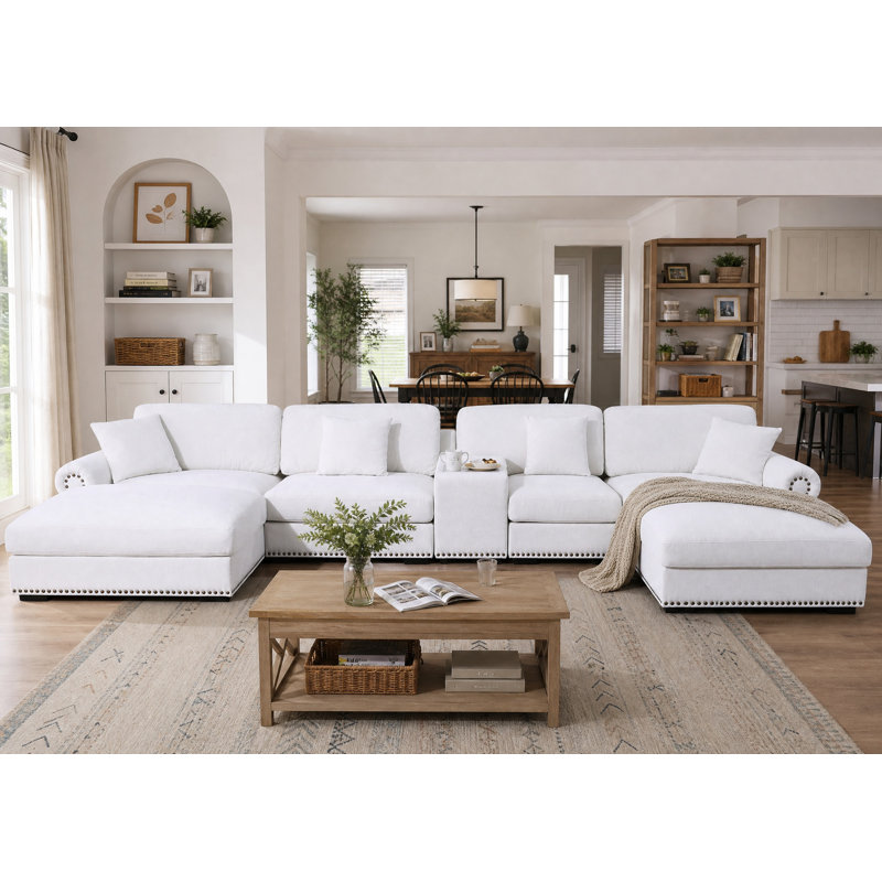 7 - Piece 179.86" U Shape Sectional Sofa Cloud Couch With Removable Ottomans & Cup Holder, USB & Type-C Charging Ports