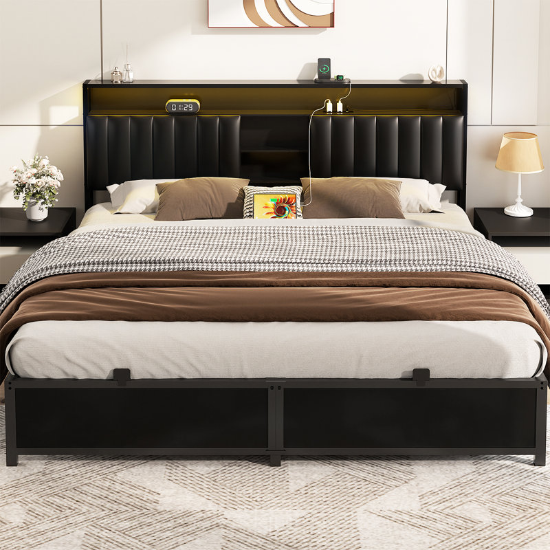 Kaizyn Upholstered PU Bed Frame with Lighted Headboard and Charging Station, King, Black
