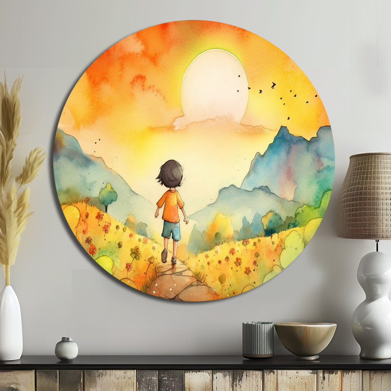 «Child Run Free» - Art rond en métal fantaisiste, H 16 po x l 16 po