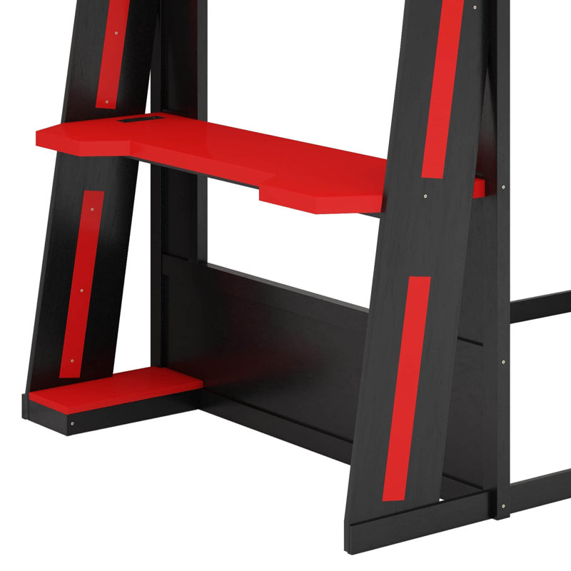 Queen Size Wooden Gaming Bunk Bed With Desk, Shelves,USB And LED Light, Queen Over Queen, Black/Red