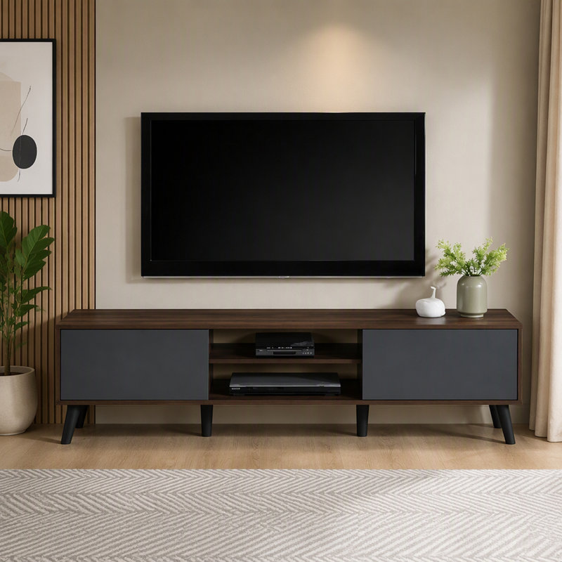 Meuble télé contemporain en faux bois avec étagères et placards