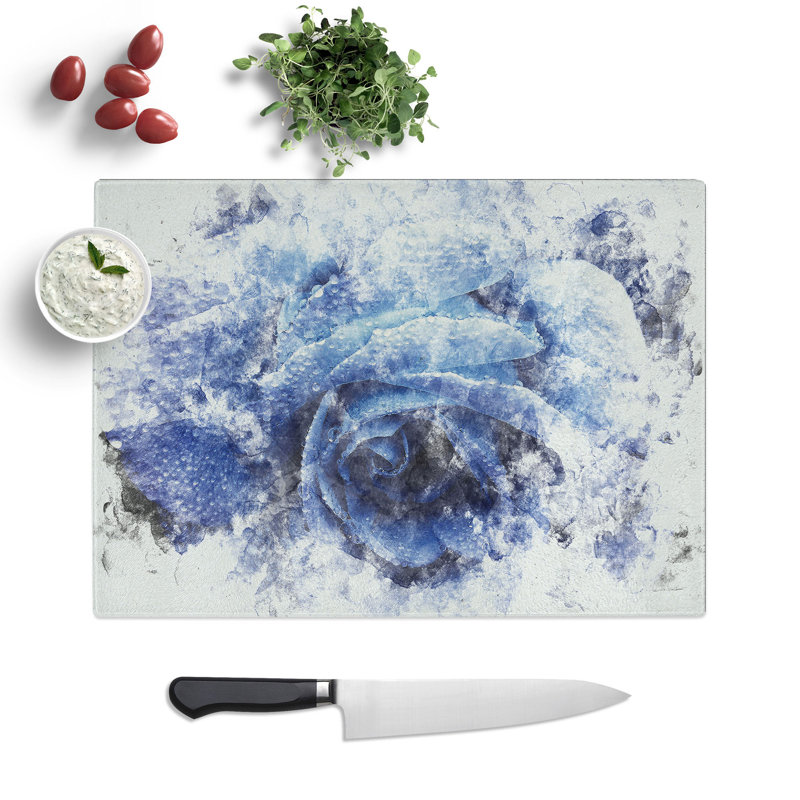 Tempered Glass Blue Rose Chopping Board, 28.5 cm x 39 cm