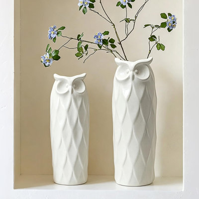 Owl Ceramic Vase, Modern Fake Flower Plant Vases for Home Decor Office Table Shelf Fireplace, Retro Rustic Farmhouse Vintage Classic Gift, Set of 2, (White)