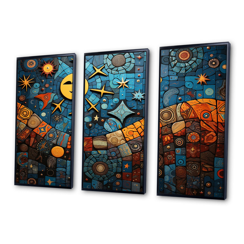 Mélange de mosaïques bleues et oranges - Boho, H 28 po x l 36 po x P 1 po, Cadre flottant noir