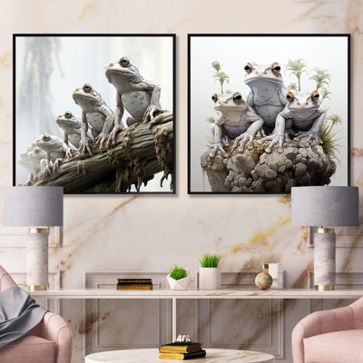 Minimalisme Frog Family Harmony - Ensemble de 2 collages carrés grenouilles et crapauds