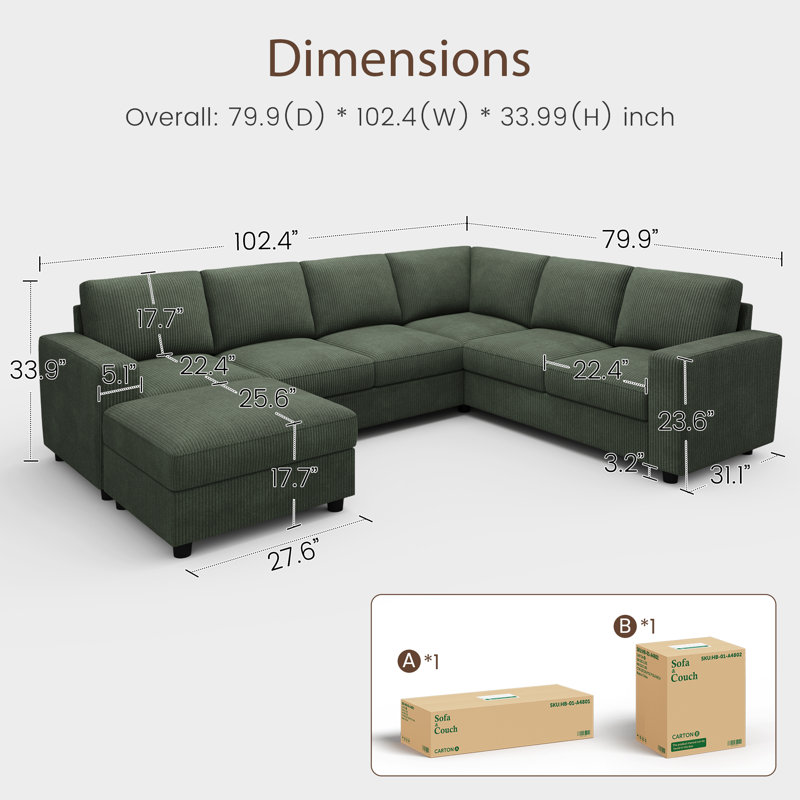 Abramson U-shaped Modular Corduroy Sectional Sofa With Storage Ottoman Green, Green Corduroy, 33.9" H x 102.4" W x 79.9" D