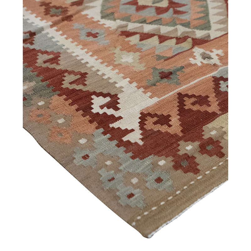 Tapis unique en laine noué à la main de couleur rouille / corail / gris 5 pi 4 po x 6 pi 6 po