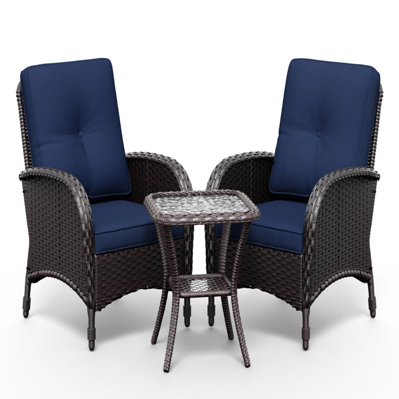 2-Person All-Weather PE Wicker Outdoor Patio Set With Chairs, Side Table & Blue Cushions, Blue