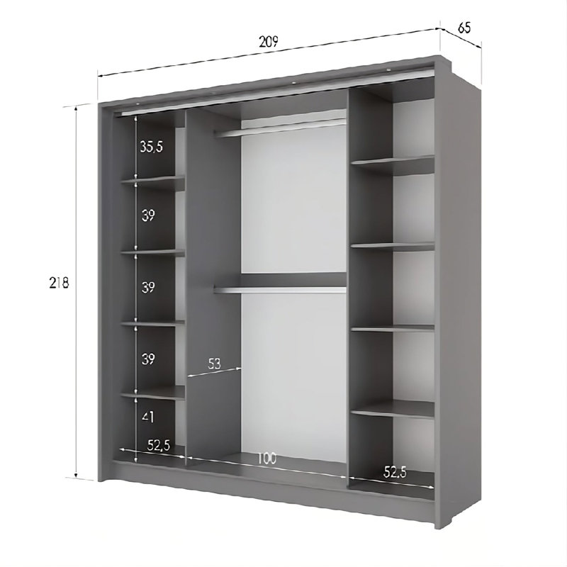 Manufactured Wood Wardrobe, Grey, 219xm H x 210cm W x 65cm D