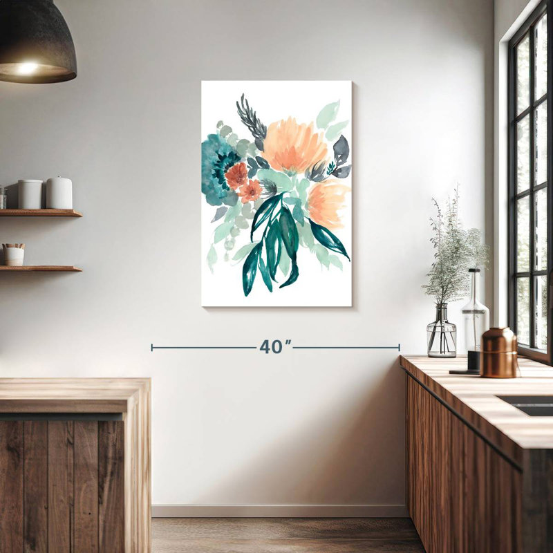Bouquet Harnek bleu sarcelle et pêche I, H 36 po x l 24 po